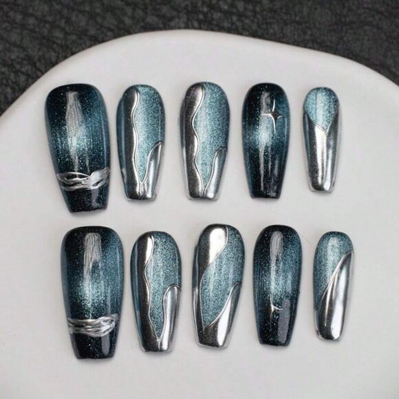Luxury Black & Silver Chrome Press-On Nails – Metallic Glitter Gel Nail Set S, M - Picture 3 of 4
